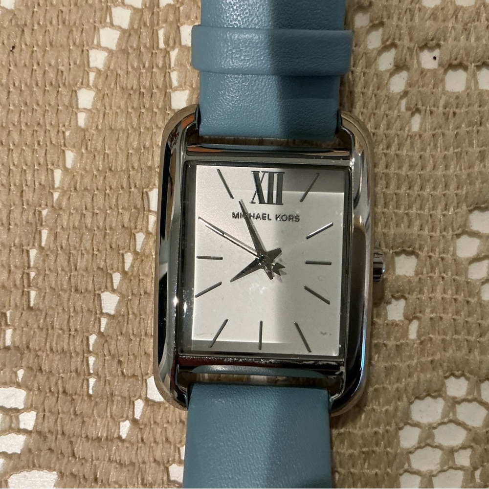Michael Kors Watch MKO-1061 Women’s Silver Square Blue Strap ~Petite Monroe~NIB